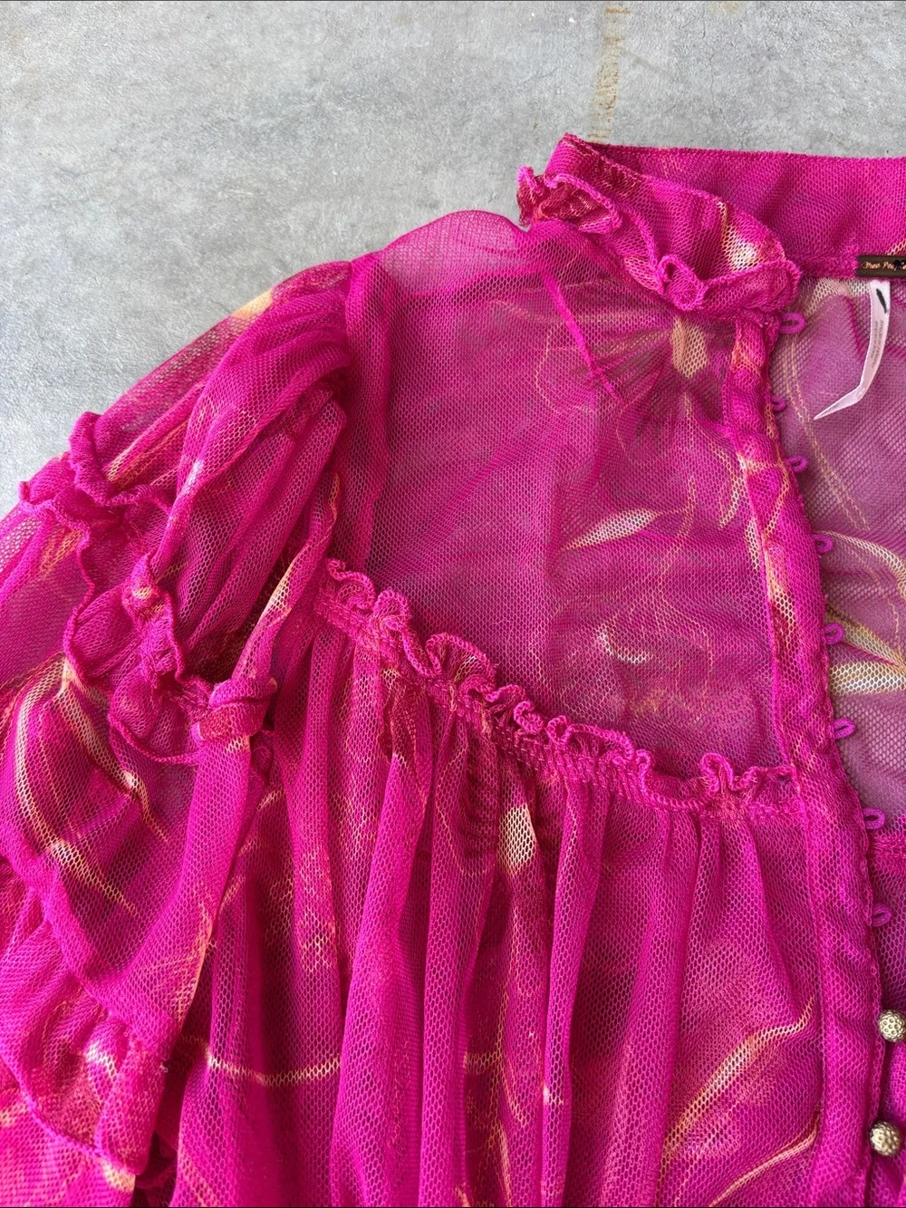 Free People Fuchsia Floral Mesh Smocked Peasant Top Boho Fairycore Y2K size M